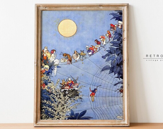 W. Heath Robinson Fairy Procession Crossing Giant Spider Web Night Print