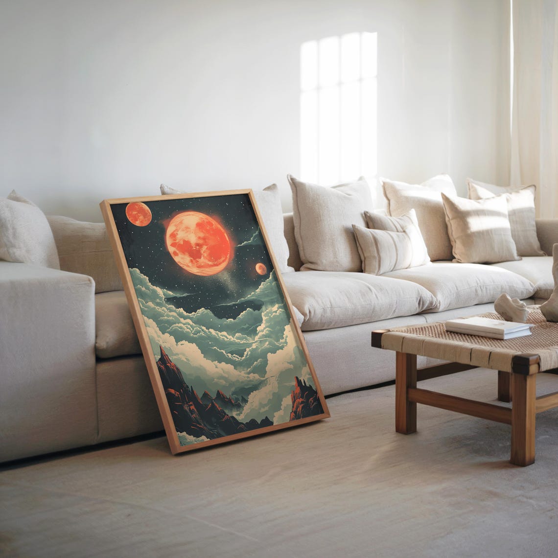 Red Moon Rising Retrofuturism Art Illustration Cinematic Poster Warm Cool Tones Dreamy Print