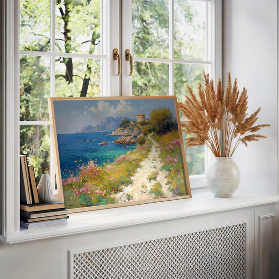 Impressionist Coastal Beach Path Poster Pastel Flowers Ocean View