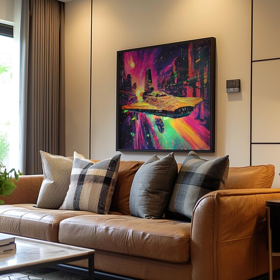Neon Synthwave Cityscape Retrofuturism Art Vibrant Colors Cinematic Glow Effects Acrylic Painting Sci