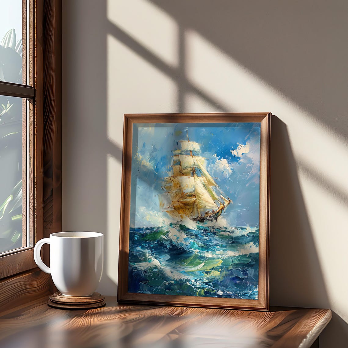 Tall Ship With Full Sails on the Stormy Ocean Impressionist Poster