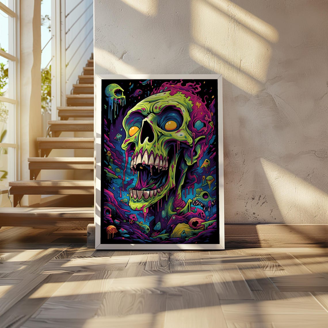 Zombie Skull Poster Maximalist Pixel Art Psychedelic Neon Colors Detailed Gritty Vibrant Wall 20 X 28