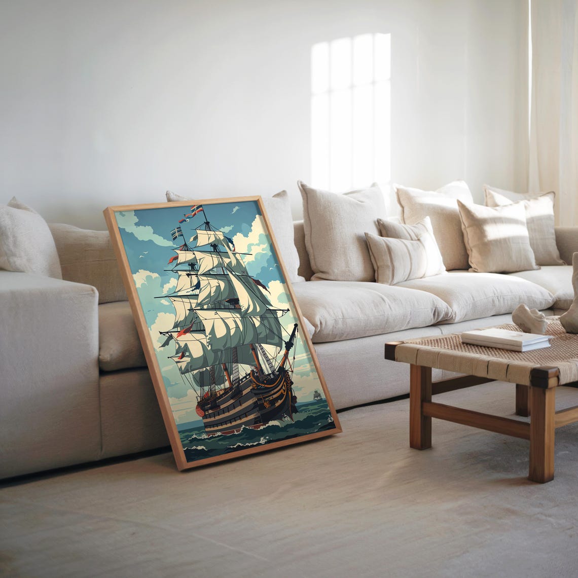 Sailboat Adventure Oceanic Cloudscape Anime Steampunk Poster Vector Art Muted Color Palette Cool Toned Illustration