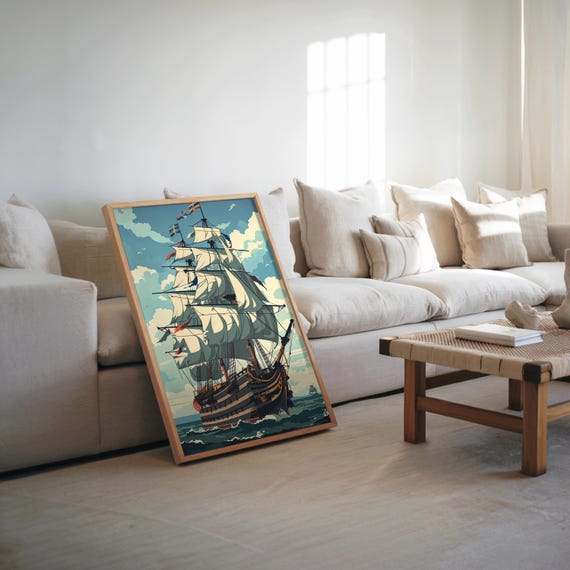Sailboat Adventure Oceanic Cloudscape Anime Steampunk Poster Vector Art Muted Color Palette Cool Toned Illustration