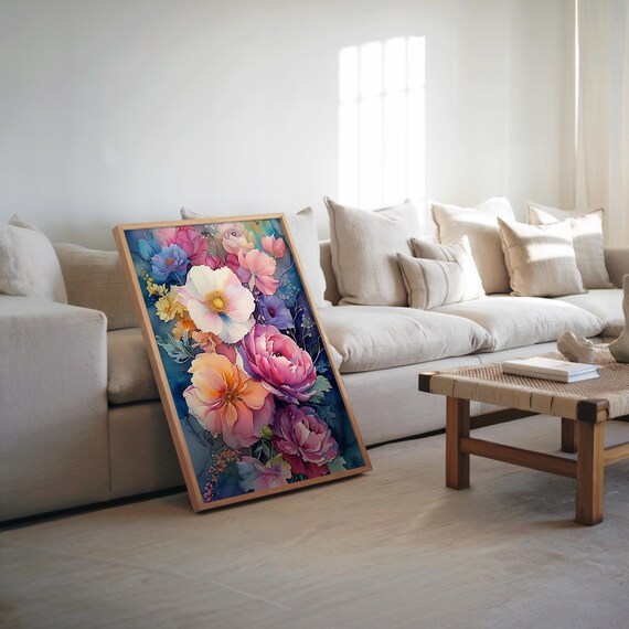 Fresh Vibrant Watercolor Peony Rose Bouquet Blue Floral Art Print