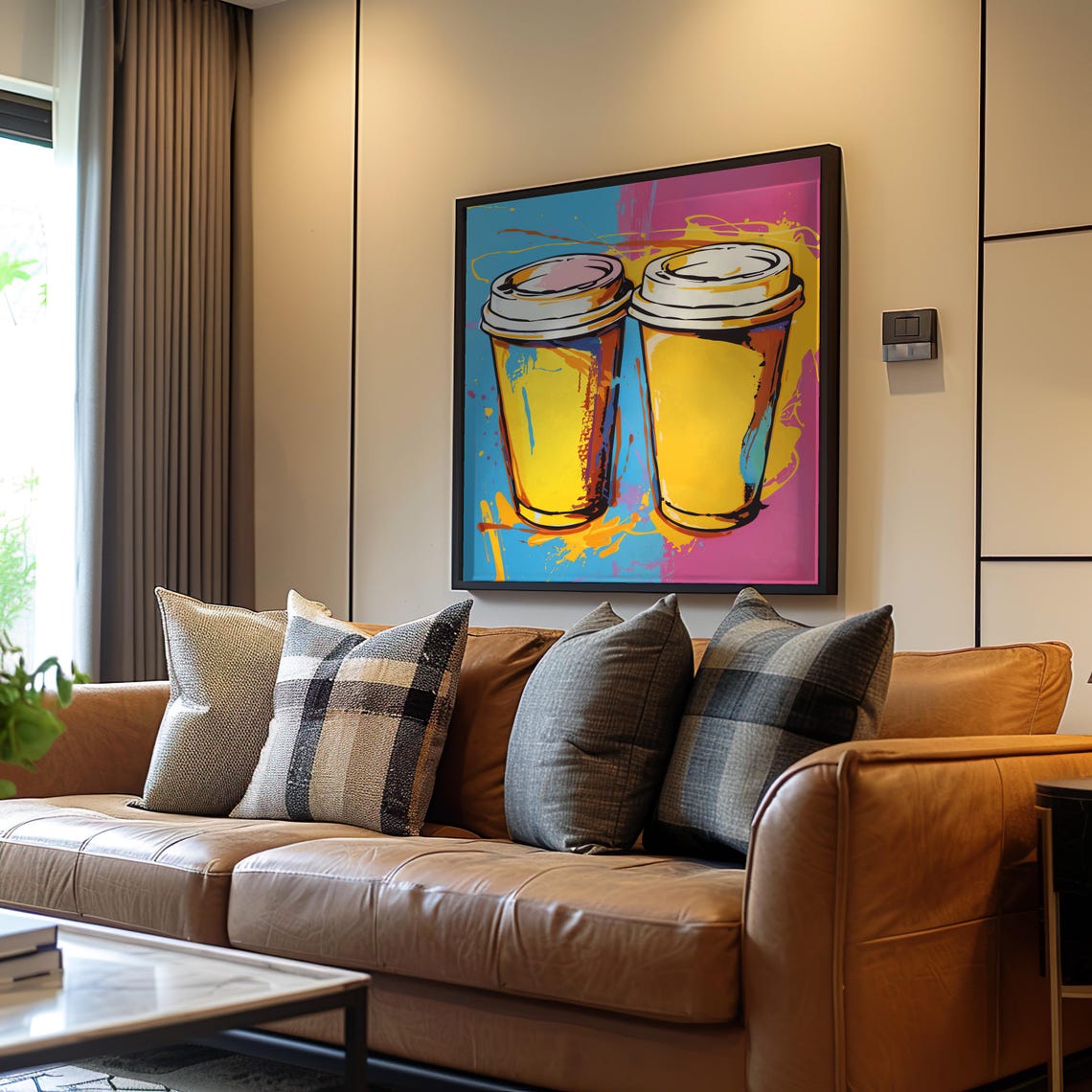 Pop Art Coffee Cups Vibrant Yellow Pink Maximalist Kitchen Wall Art