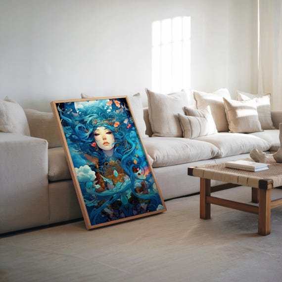 Maximalist Anime Poster Vibrant Colors Clock Detailed Art Cool Tones Unique Illustration Wall Decor