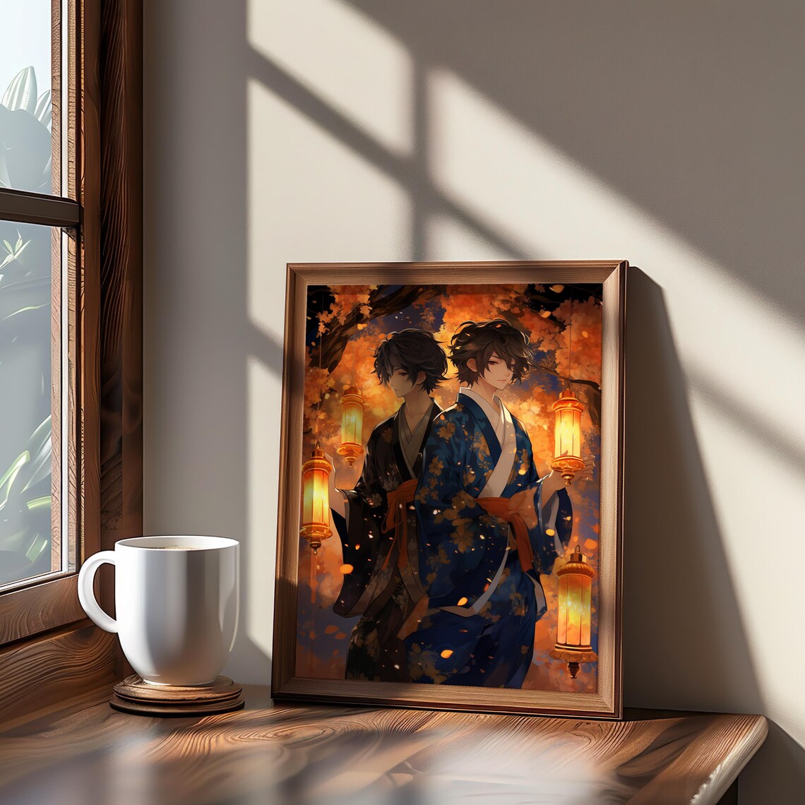 Anime Kimono Lantern Autumn Night Warm Glow Japanese Style Art Poster