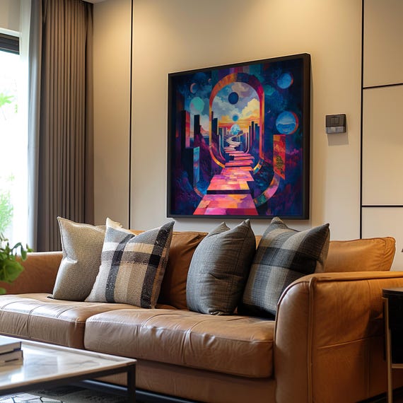 Psychedelic Stairway Poster Retrofuturism Art Acrylic Oil Painting Vibrant Neon Palette Dreamy Sky