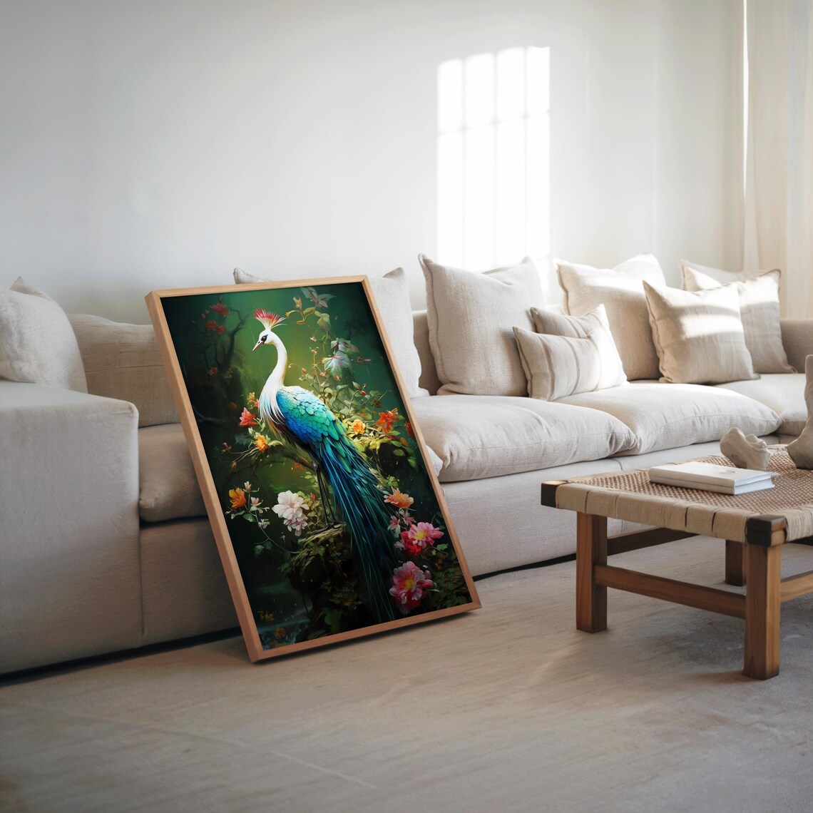 Vibrant Peacock Among Flowers Maximalist Oil Painting Colorful Poster