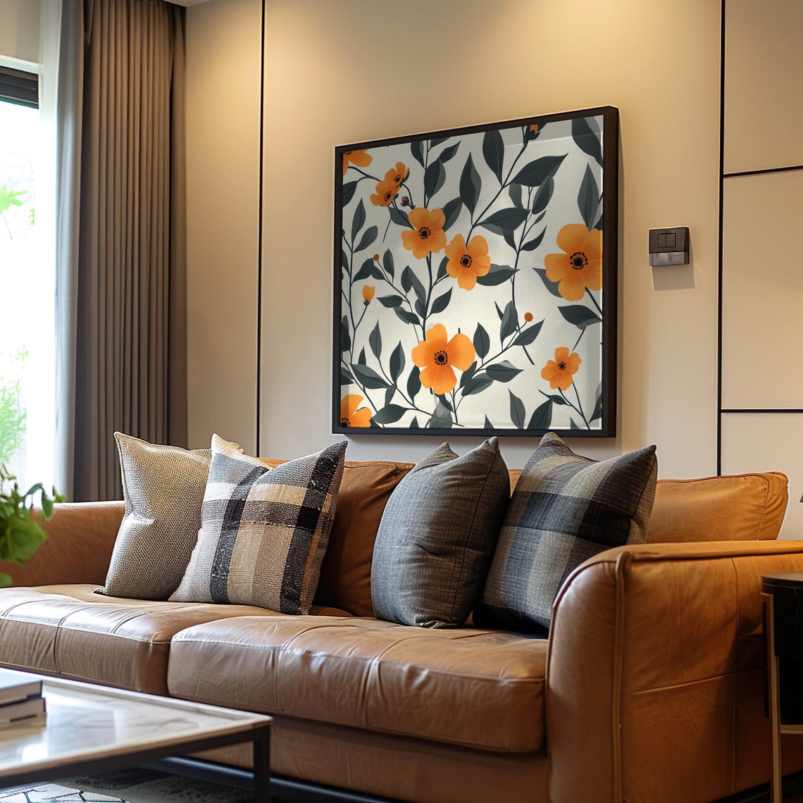 Orange Floral Botanical Pattern Midcentury Modern Decor Poster