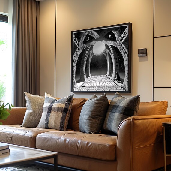 Surreal Tunnel Poster Black White Art Psychedelic Ink Drawing 3d Render Detail Minimalist Print Abstract Wall Decor