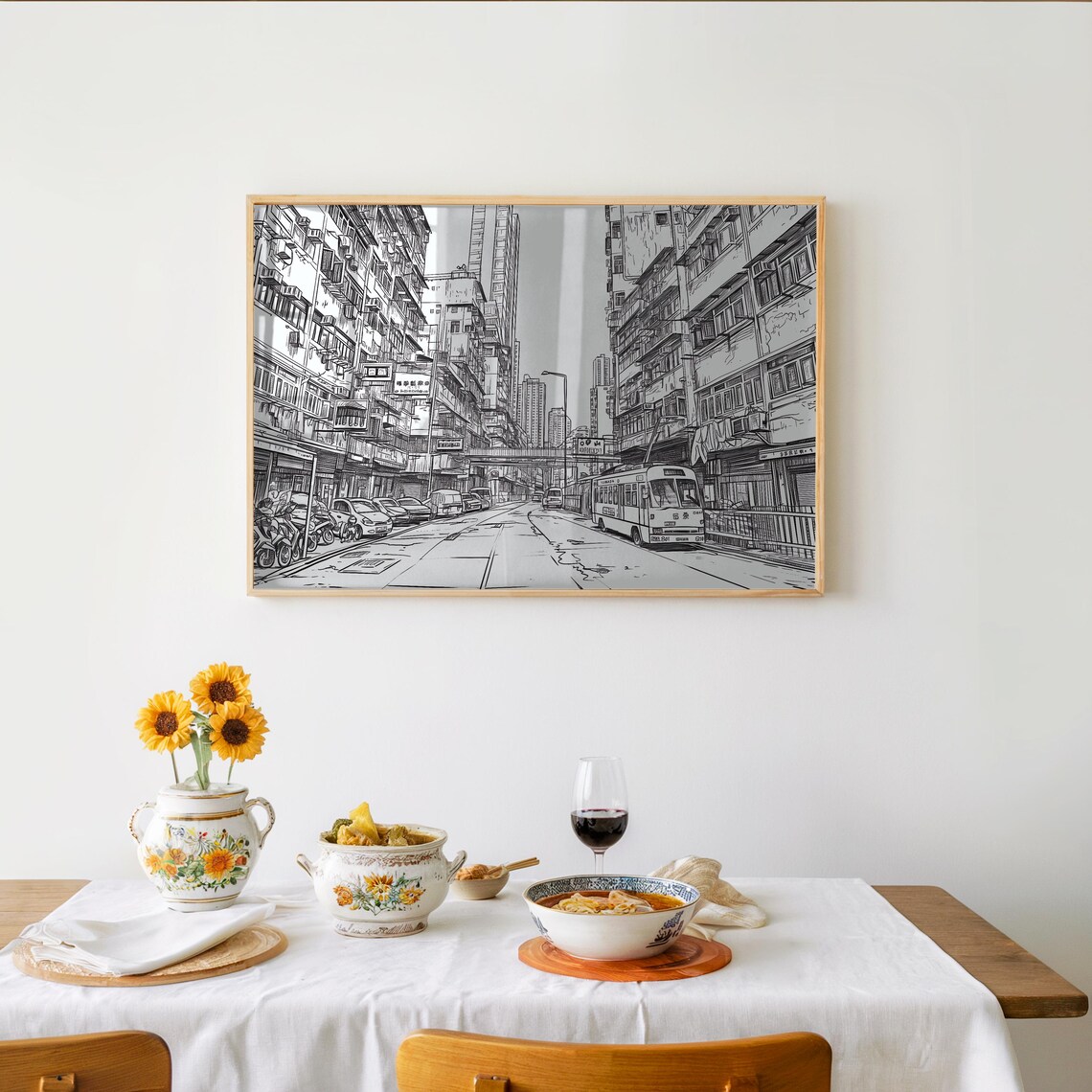 Asian City Street Ink Line Drawing Manga Style Art Poster Home Decor
