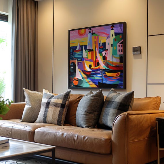Modernist Harbor Scene Poster Sailboats Art Lighthouse Print Vibrant Colors Gouache Acrylic Painting Nautical Wall Decor
