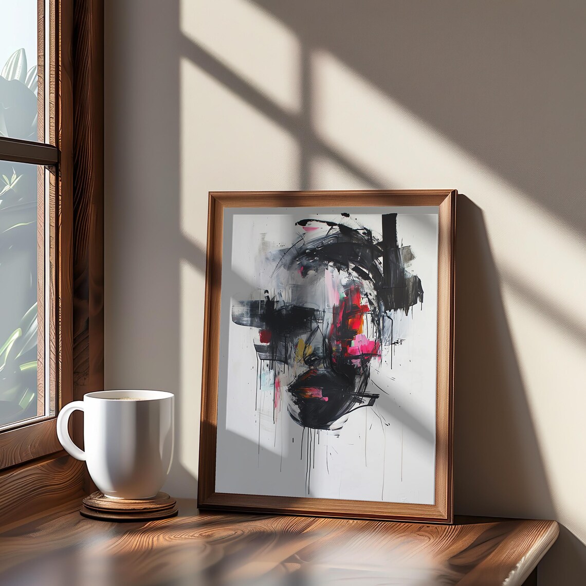 Abstract Face Art Poster Expressionism Maximalist Drawing Ink Acrylic Medium Monochrome Pastel Palette Glossy Gritty