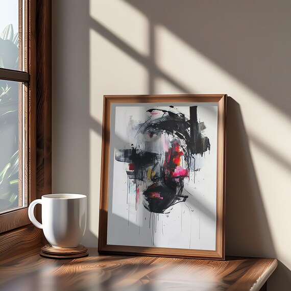 Abstract Brushstroke Face Portrait Black Pink Modern Art Poster
