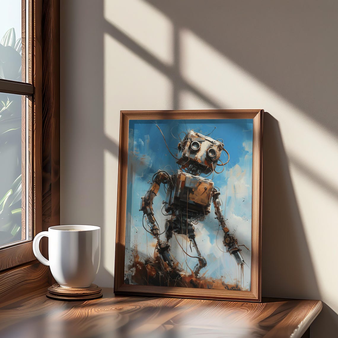 Steampunk Robot Painting Rustic Warm Tones Vintage Machine Art Poster