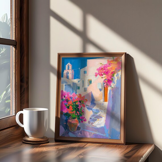 Mediterranean Village Street Poster Bougainvillea Bell Tower Floral