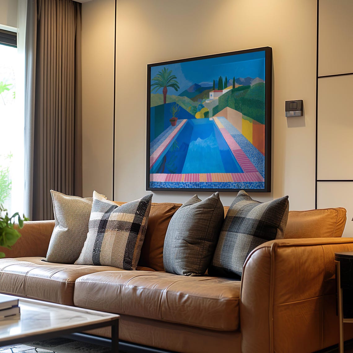 Midcentury Modern Pool Courtyard Vibrant Blue Gouache Art Poster