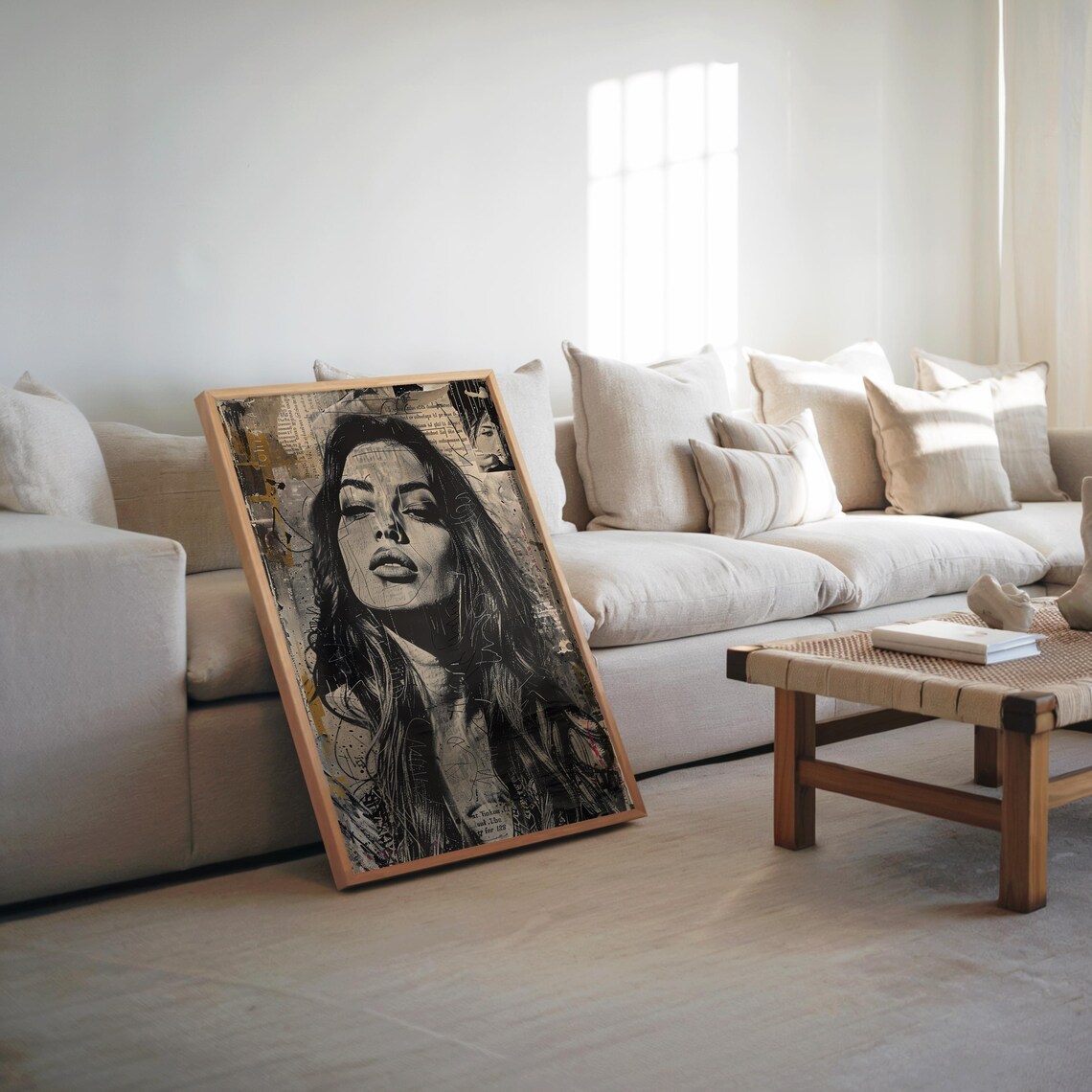 Monochrome Woman Portrait Newspaper Collage Urban Art Poster