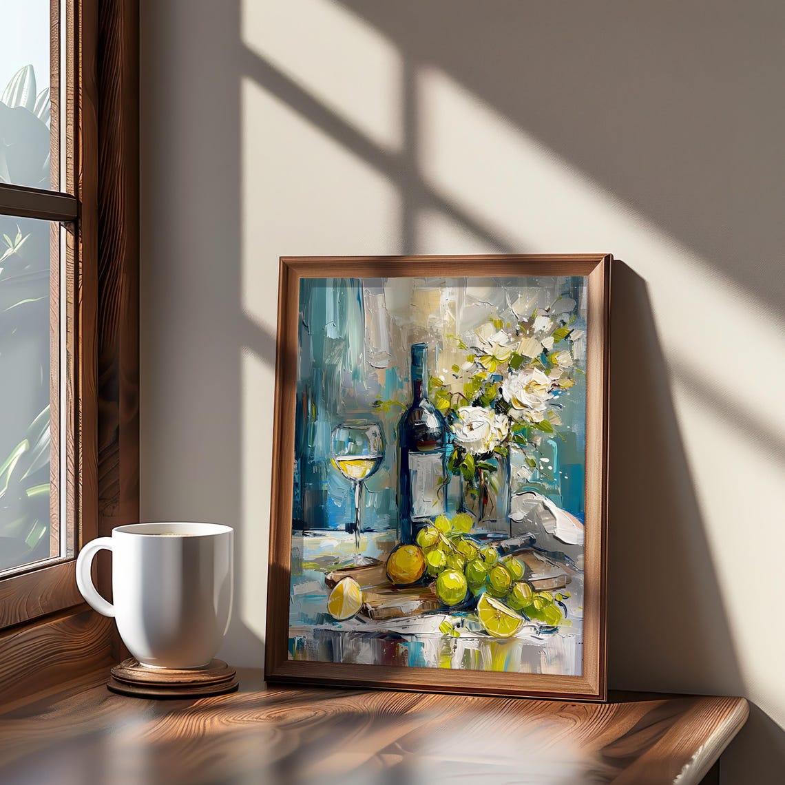 White Wine Bottle Grapes Still Life Impressionist Kitchen Poster