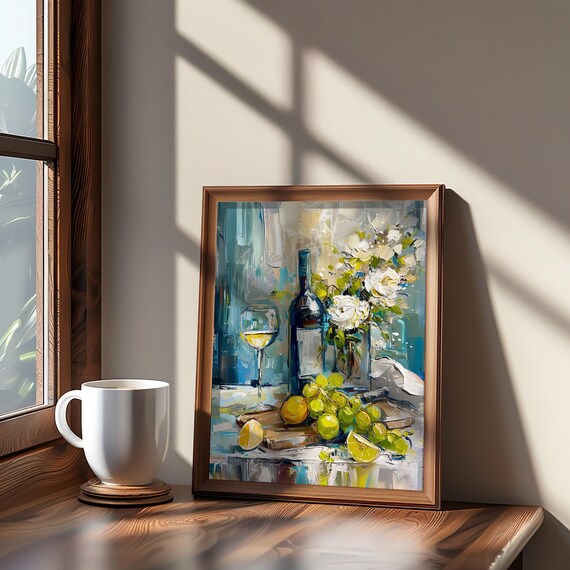 White Wine Bottle Grapes Still Life Impressionist Kitchen Poster