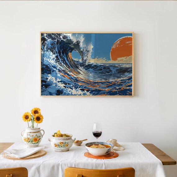Japanese Inspired Great Ocean Wave Sunset Vector Art Style Poster