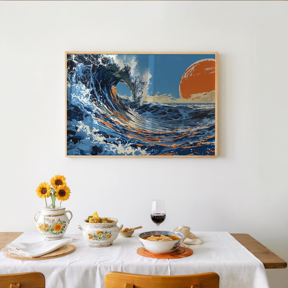Japanese Inspired Great Ocean Wave Sunset Vector Art Style Poster