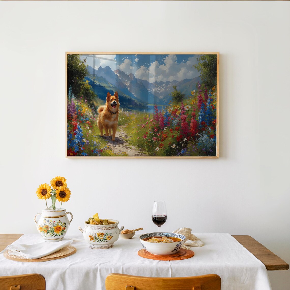 Happy Dog in Wildflower Mountain Meadow Floral Landscape Art Print