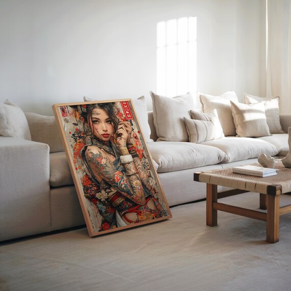 Bold Tattooed Woman Japanese Floral Body Art Portrait Poster