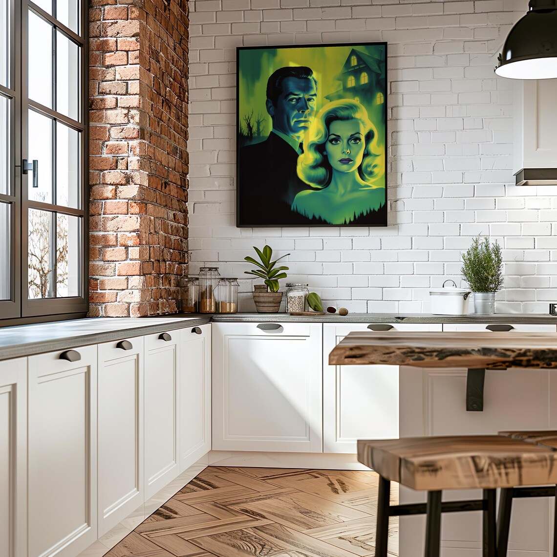 Vintage Film Noir Couple Haunted House Neon Green Art Poster