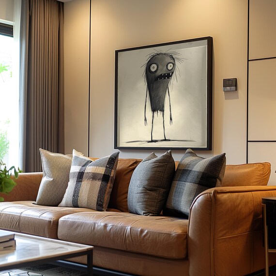 Spooky Ink Monster Sketch Quirky Black White Expressionist Doodle Print