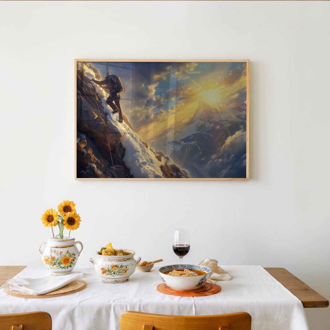Mountain Climber Sunrise Summit Snowy Ridge Adventure Art Poster