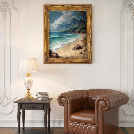 Tropical Beach With Palm Trees And Mountains Scenic Painting Poster