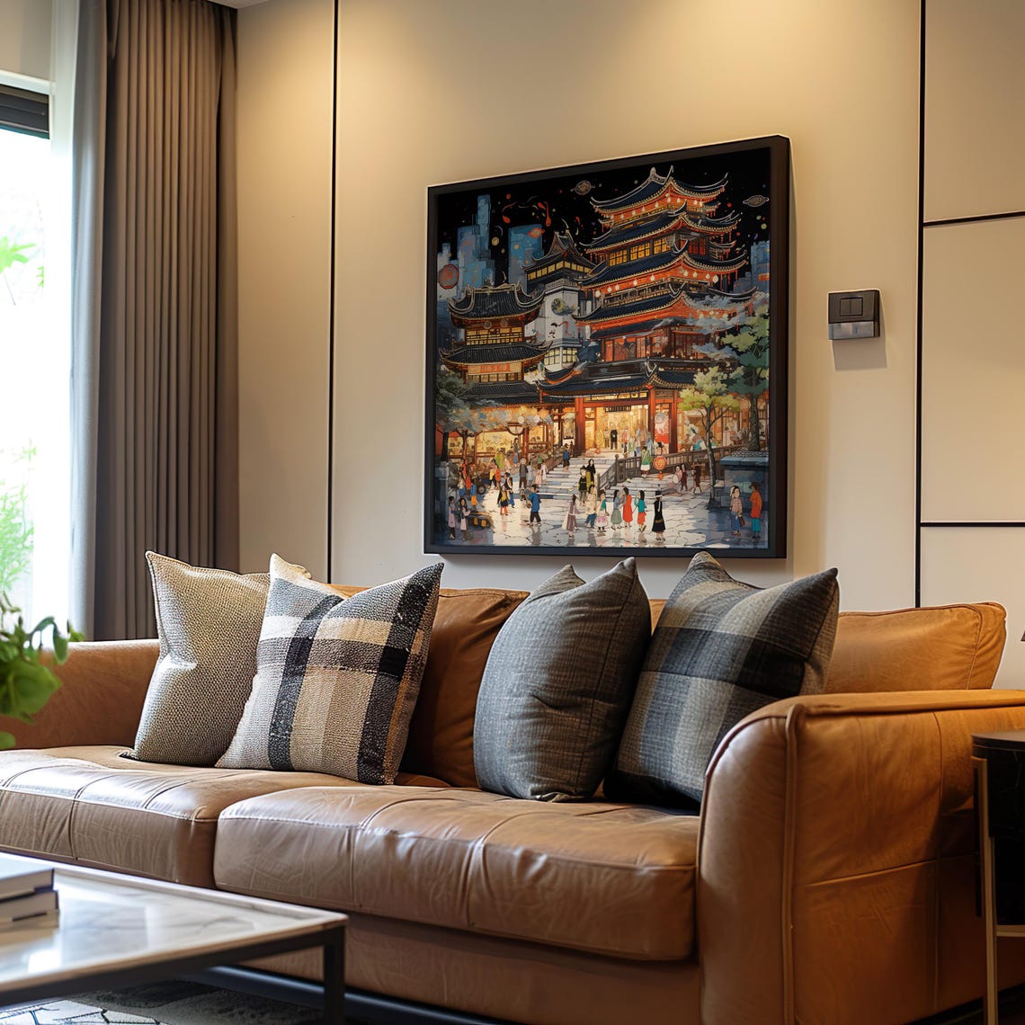 Asian Pagoda Night Lanterns Bustling Street Painterly Poster Art