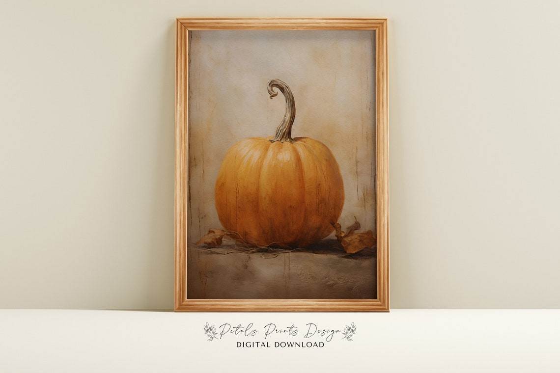 Vintage Pumpkin Still Life Painting Rustic Autumn Wall Art
