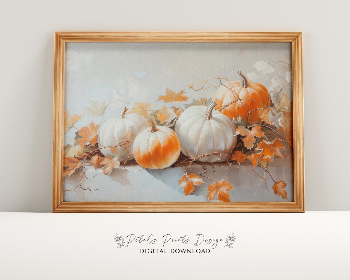 White Orange Pumpkins Vines Autumn Leaves Airy Fall Art Print