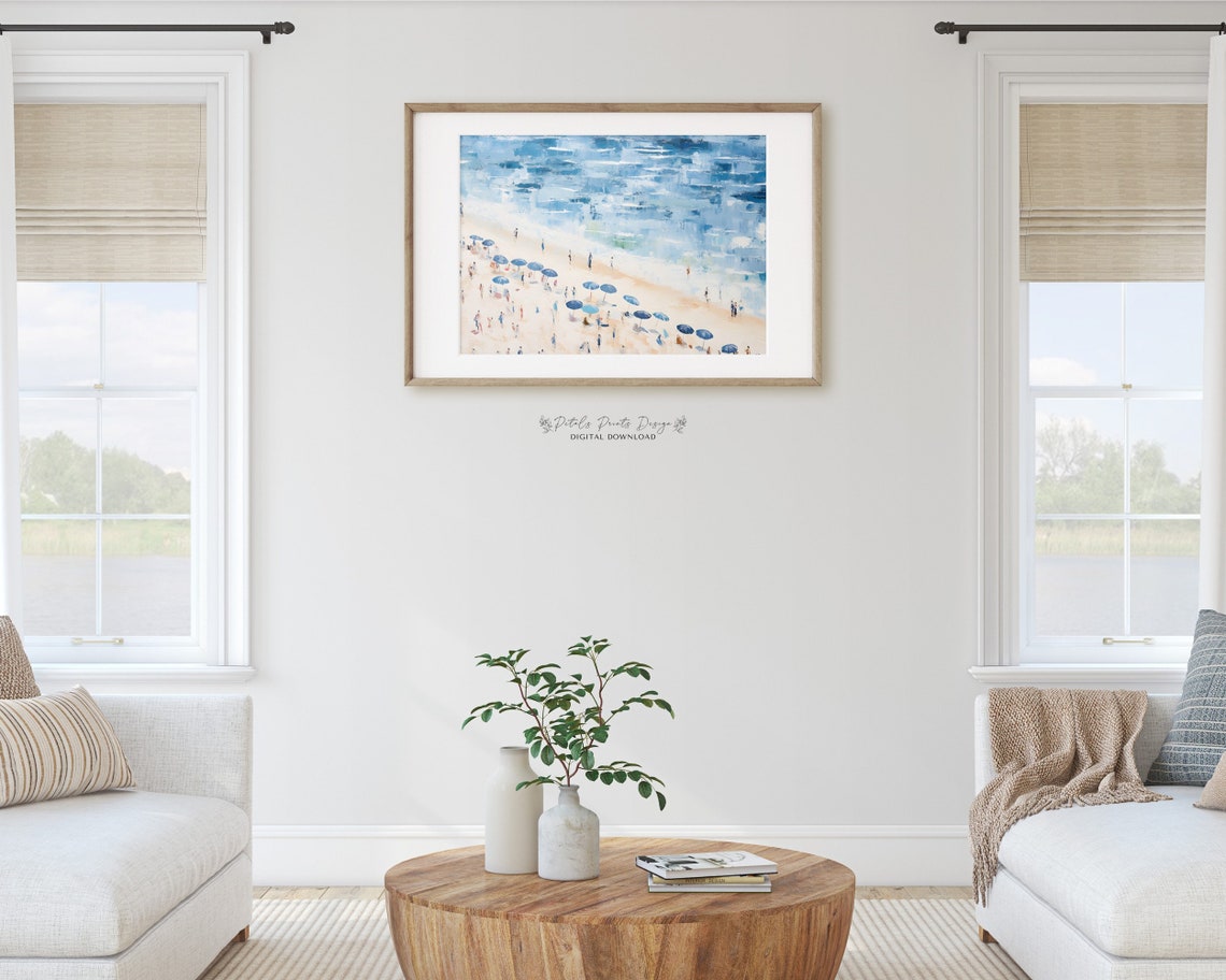 Aerial Beach Blue Umbrellas Sandy Shore Summer People Art Poster - Image 2