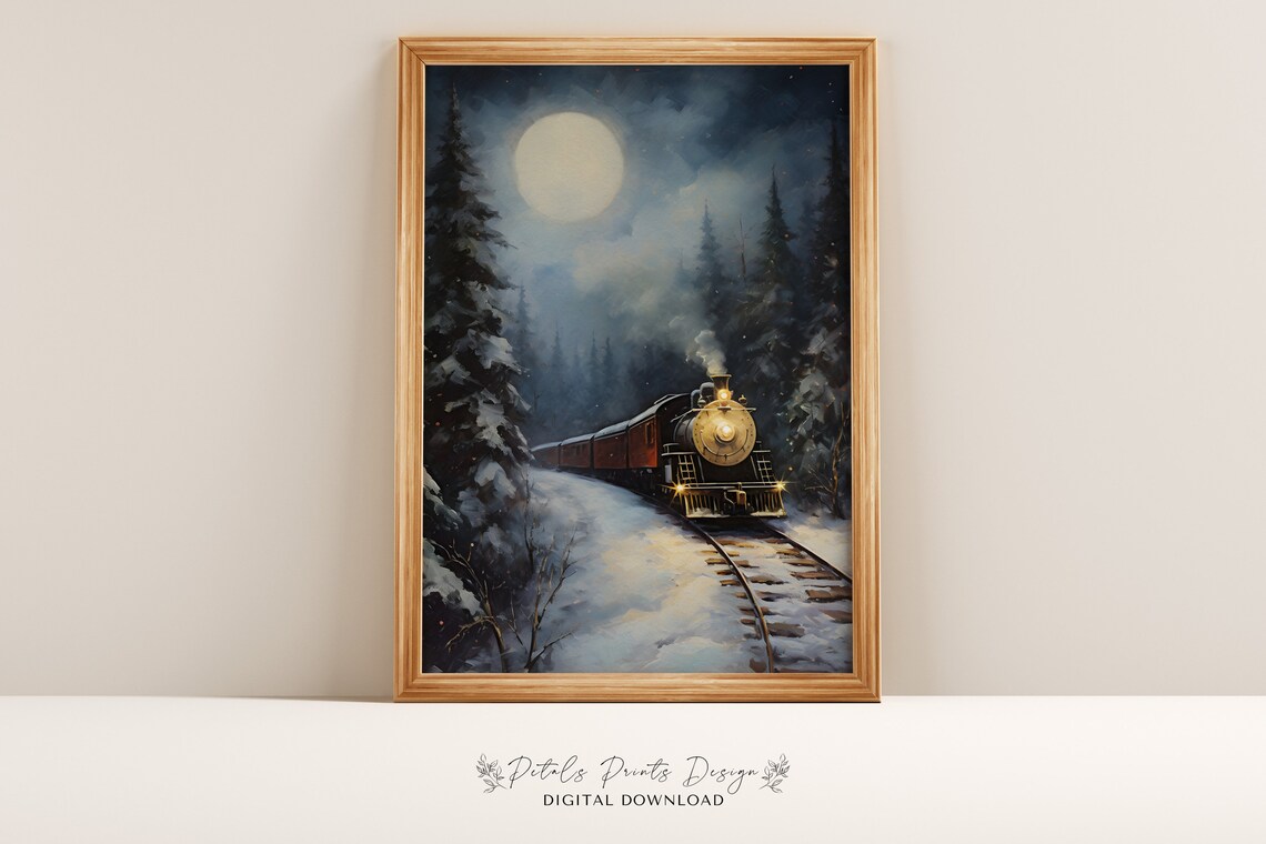 Polar Express Train Christmas Art Print, Rustic Vintage