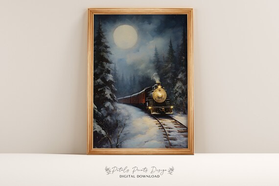 Polar Express Train Christmas Art Print, Rustic Vintage