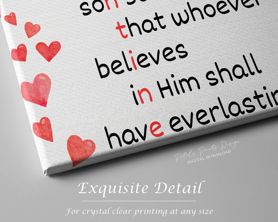 John 3:16 Bible Verse with Red Watercolor Hearts and Cross Art Poster - Image 3