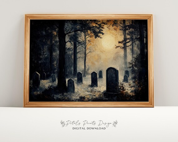 Moonlit Graveyard At Night Glowing Moon Spooky Cemetery Wall Art