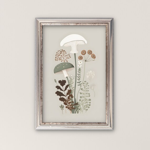 Mushroom Botanical Art Print, Rustic Folk Illustration