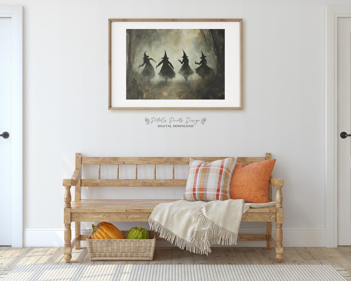 Four Witches Dancing in Mist Dark Moody Vintage Halloween Art Poster - Image 3