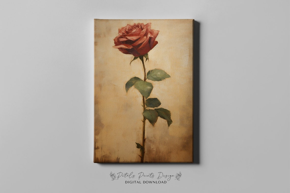 Single Red Rose Stem Textured Beige Background Vintage Floral Poster - Image 4