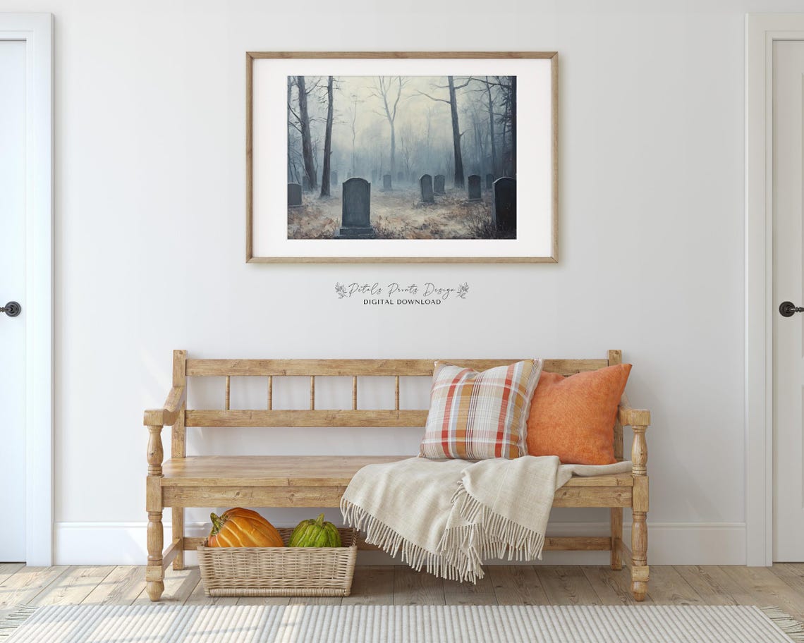 Haunted Graveyard In Thick Fog Bare Winter Trees Cemetery Wall Art - Image 3