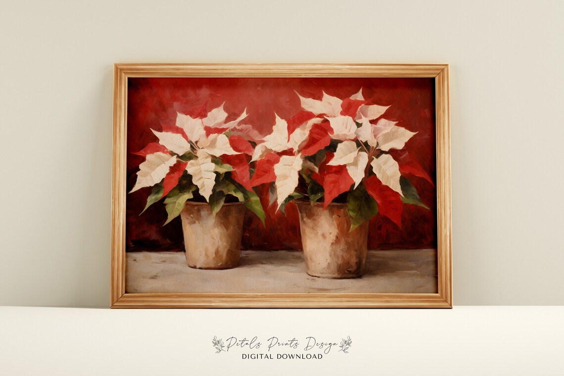 Two Potted Poinsettias Red Background Vintage Christmas Poster