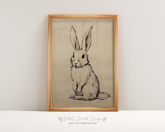 Vintage Bunny Rabbit Line Sketch Rustic Easter Spring Art Print