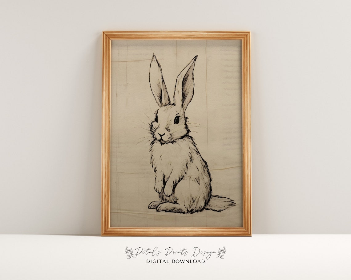 Vintage Bunny Rabbit Line Sketch Rustic Easter Spring Art Print