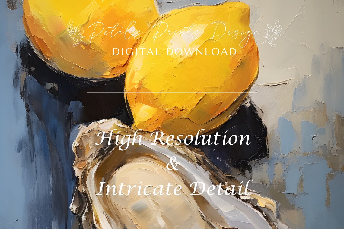 Oyster Two Lemons Still Life Dark Navy Background Art Poster - Image 3